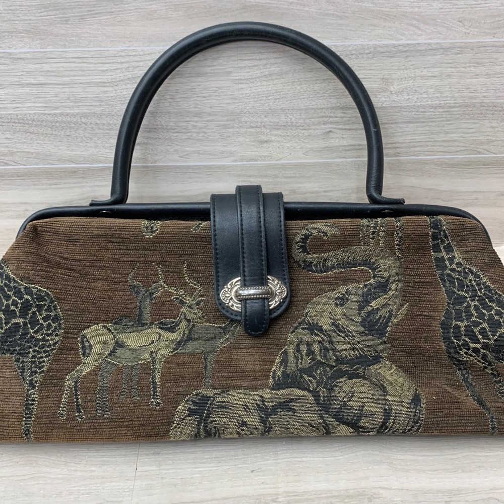 Raviani Dallas TX Safari Animal Tapestry Leather Trim Frame Satchel Handbag‎